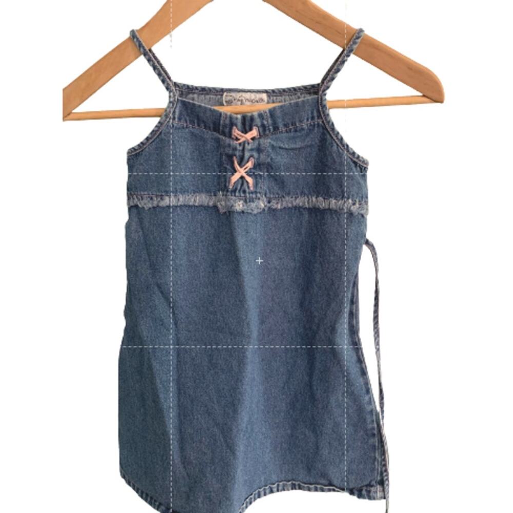 My Michelle Y2K Denim Jumper Dress Sleeveless Lace Up Frayed Fringe Size 6